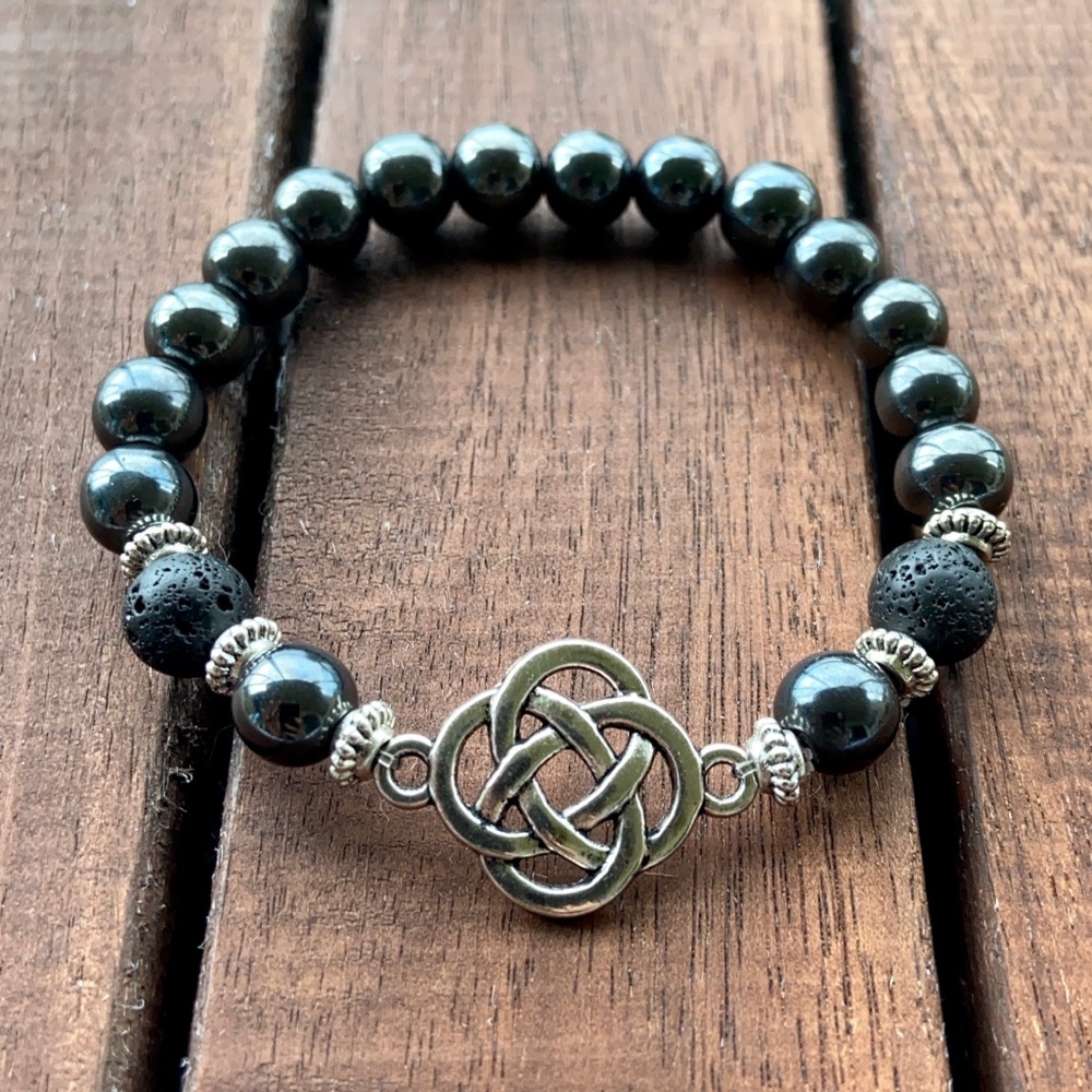 Silver Celtic knot lava rock & hematite bracelet - Picture 8 of 14
